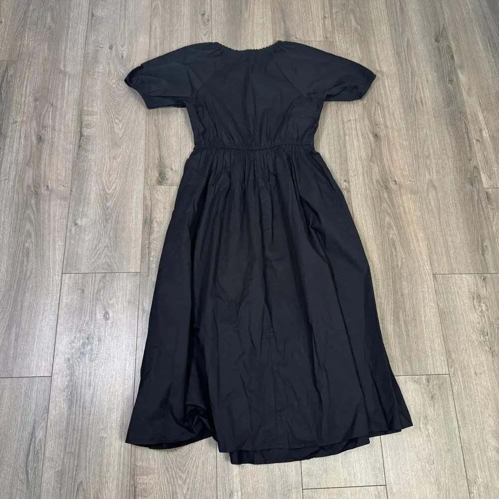 J.Crew Lace Trim Midi Dress WMNS 6 Black Puff Short Sleeve V-Neck Gathered Waist